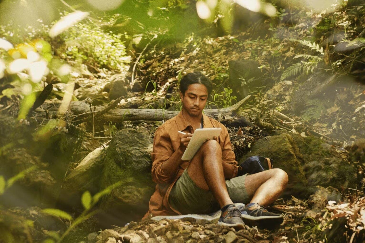 Person sketching in a forest
