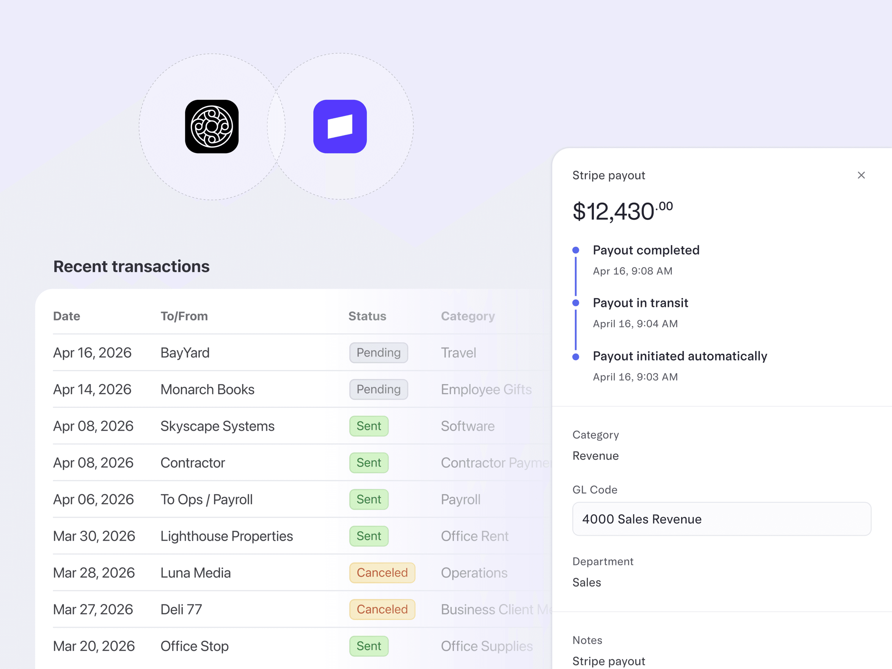Mercury for Stripe payout and recent transactions interface